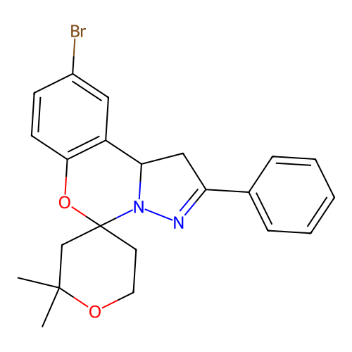 9'-bromo-2,2-dimethyl-2'-phenyl-1',2,3,5,6,10b'-hexahydrospiro[pyran-4,5'-pyrazolo[1,5-c][1,3]benzoxazine] structure