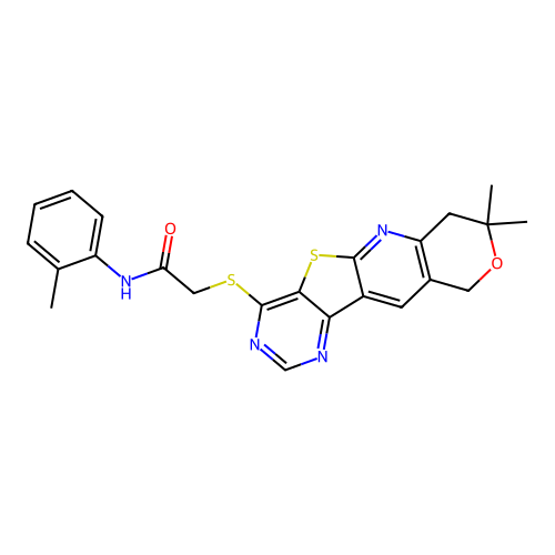 2-[(8,8-dimethyl-7,10-dihydro-8H-pyrano[3'',4'':5',6']pyrido[3',2':4,5]thieno[3,2-d]pyrimidin-4-yl)sulfanyl]-N-(2-methylphenyl)acetamide structure