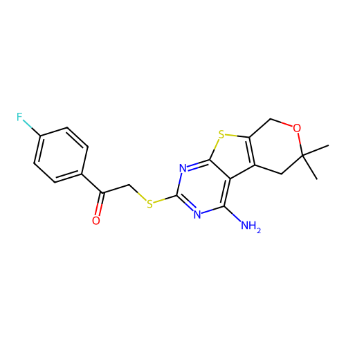 2-((4-amino-6,6-dimethyl-6,8-dihydro-5H-pyrano[4',3':4,5]thieno[2,3-d]pyrimidin-2-yl)thio)-1-(4-fluorophenyl)ethanone structure