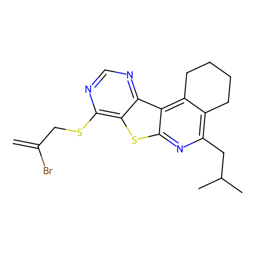 8-((2-bromoallyl)thio)-5-isobutyl-1,2,3,4-tetrahydropyrimido[4',5':4,5]thieno[2,3-c]isoquinoline structure
