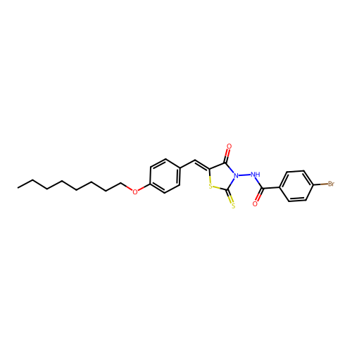 4-bromo-N-{(5Z)-5-[4-(octyloxy)benzylidene]-4-oxo-2-thioxo-1,3-thiazolidin-3-yl}benzamide structure