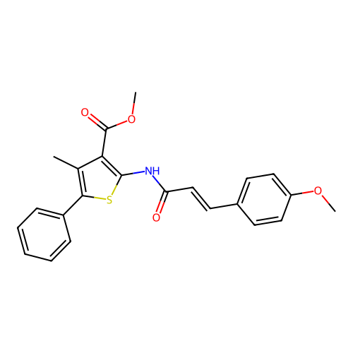 (E)-methyl 2-(3-(4-methoxyphenyl)acrylamido)-4-methyl-5-phenylthiophene-3-carboxylate structure