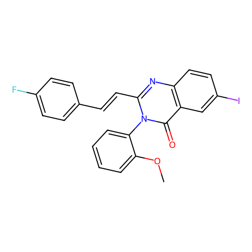 2-[(E)-2-(4-fluorophenyl)ethenyl]-6-iodo-3-(2-methoxyphenyl)quinazolin-4(3H)-one structure