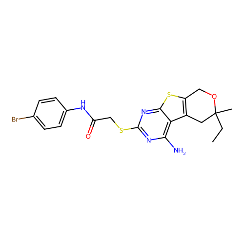 2-[(4-amino-6-ethyl-6-methyl-5,8-dihydro-6H-pyrano[4',3':4,5]thieno[2,3-d]pyrimidin-2-yl)sulfanyl]-N-(4-bromophenyl)acetamide structure
