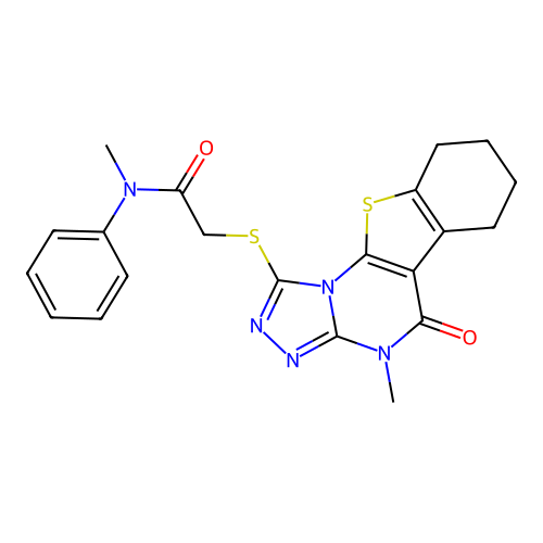 N-methyl-2-((4-methyl-5-oxo-4,5,6,7,8,9-hexahydrobenzo[4,5]thieno[3,2-e][1,2,4]triazolo[4,3-a]pyrimidin-1-yl)thio)-N-phenylacetamide structure