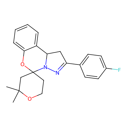 2'-(4-fluorophenyl)-2,2-dimethyl-1',2,3,5,6,10b'-hexahydrospiro[pyran-4,5'-pyrazolo[1,5-c][1,3]benzoxazine] structure
