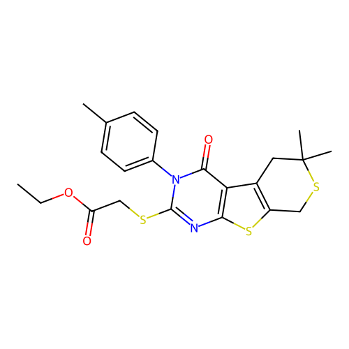 ethyl {[6,6-dimethyl-3-(4-methylphenyl)-4-oxo-3,5,6,8-tetrahydro-4H-thiopyrano[4',3':4,5]thieno[2,3-d]pyrimidin-2-yl]sulfanyl}acetate structure