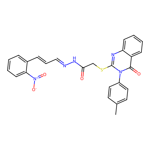 (4-Oxo-3-p-tolyl-3,4-dihydro-quinazolin-2-ylsulfanyl)-acetic acid [(E)-3-(2-nitro-phenyl)-prop-2-en-(E)-ylidene]-hydrazide structure