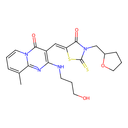 2-[(3-hydroxypropyl)amino]-9-methyl-3-{(Z)-[4-oxo-3-(tetrahydrofuran-2-ylmethyl)-2-thioxo-1,3-thiazolidin-5-ylidene]methyl}-4H-pyrido[1,2-a]pyrimidin-4-one structure