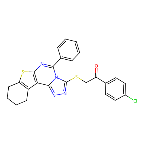 1-(4-chlorophenyl)-2-((5-phenyl-8,9,10,11-tetrahydrobenzo[4,5]thieno[3,2-e][1,2,4]triazolo[4,3-c]pyrimidin-3-yl)thio)ethanone structure