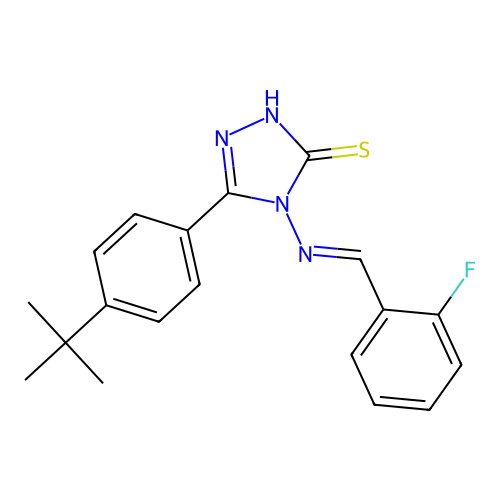 (E)-5-(4-(tert-butyl)phenyl)-4-((2-fluorobenzylidene)amino)-4H-1,2,4-triazole-3-thiol structure