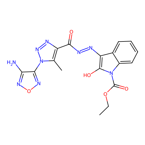 (E)-ethyl 3-(2-(1-(4-amino-1,2,5-oxadiazol-3-yl)-5-methyl-1H-1,2,3-triazole-4-carbonyl)hydrazono)-2-oxoindoline-1-carboxylate structure