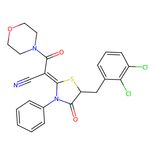 (Z)-2-(5-(2,3-dichlorobenzyl)-4-oxo-3-phenylthiazolidin-2-ylidene)-3-morpholino-3-oxopropanenitrile structure