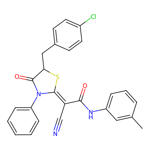 (Z)-2-(5-(4-chlorobenzyl)-4-oxo-3-phenylthiazolidin-2-ylidene)-2-cyano-N-(m-tolyl)acetamide structure