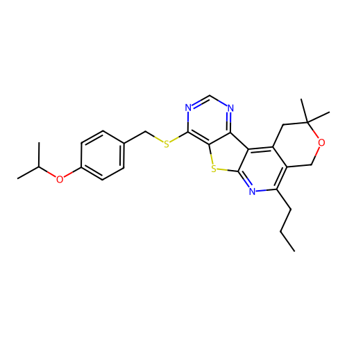 2,2-dimethyl-8-{[4-(propan-2-yloxy)benzyl]sulfanyl}-5-propyl-1,4-dihydro-2H-pyrano[4'',3'':4',5']pyrido[3',2':4,5]thieno[3,2-d]pyrimidine structure