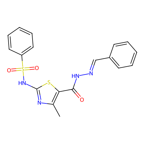 (E)-N-(5-(2-benzylidenehydrazinecarbonyl)-4-methylthiazol-2-yl)benzenesulfonamide structure