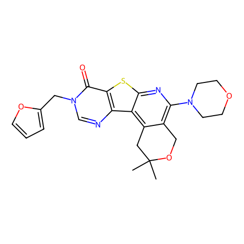9-(furan-2-ylmethyl)-2,2-dimethyl-5-(morpholin-4-yl)-1,4-dihydro-2H-pyrano[4'',3'':4',5']pyrido[3',2':4,5]thieno[3,2-d]pyrimidin-8(9H)-one structure
