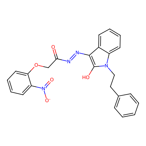 2-(2-nitrophenoxy)-N'-[(3Z)-2-oxo-1-(2-phenylethyl)-1,2-dihydro-3H-indol-3-ylidene]acetohydrazide structure