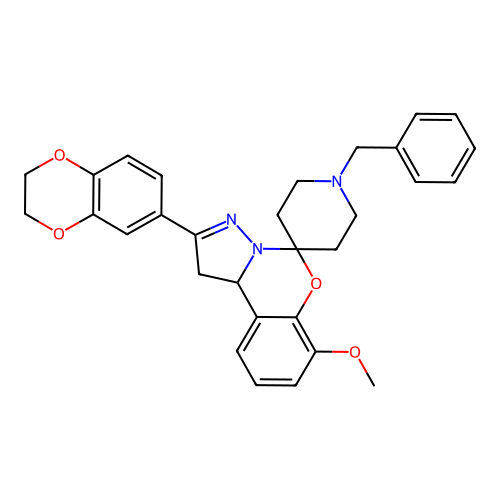1'-benzyl-2-(2,3-dihydro-1,4-benzodioxin-6-yl)-7-methoxyspiro[1,10b-dihydropyrazolo[1,5-c][1,3]benzoxazine-5,4'-piperidine] structure
