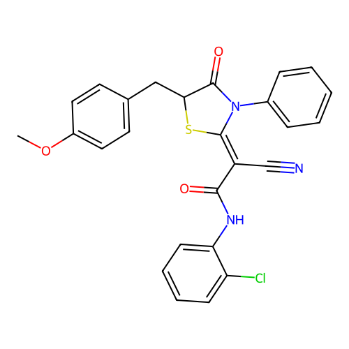 (2Z)-N-(2-chlorophenyl)-2-cyano-2-[5-(4-methoxybenzyl)-4-oxo-3-phenyl-1,3-thiazolidin-2-ylidene]ethanamide structure