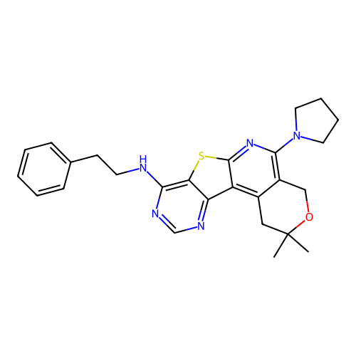 2,2-dimethyl-N-(2-phenylethyl)-5-(pyrrolidin-1-yl)-1,4-dihydro-2H-pyrano[4'',3'':4',5']pyrido[3',2':4,5]thieno[3,2-d]pyrimidin-8-amine structure