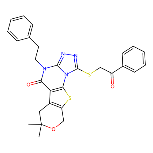 7,7-dimethyl-1-((2-oxo-2-phenylethyl)thio)-4-phenethyl-6,7-dihydro-4H-pyrano[4',3':4,5]thieno[3,2-e][1,2,4]triazolo[4,3-a]pyrimidin-5(9H)-one structure