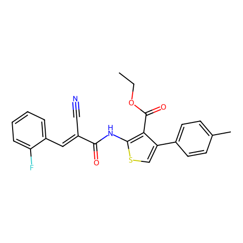 (E)-ethyl 2-(2-cyano-3-(2-fluorophenyl)acrylamido)-4-(p-tolyl)thiophene-3-carboxylate structure