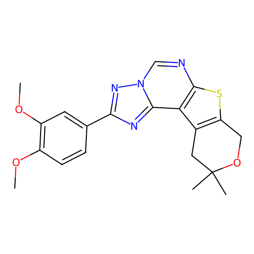 2-(3,4-dimethoxyphenyl)-10,10-dimethyl-10,11-dihydro-8H-pyrano[4',3':4,5]thieno[3,2-e][1,2,4]triazolo[1,5-c]pyrimidine structure