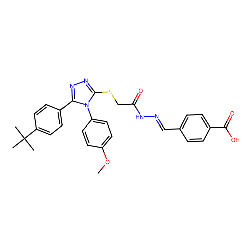 4-{(E)-[2-({[5-(4-tert-butylphenyl)-4-(4-methoxyphenyl)-4H-1,2,4-triazol-3-yl]sulfanyl}acetyl)hydrazinylidene]methyl}benzoic acid structure