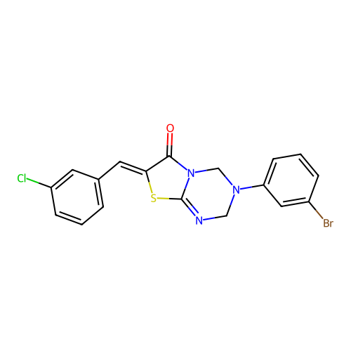 (7Z)-3-(3-bromophenyl)-7-(3-chlorobenzylidene)-3,4-dihydro-2H-[1,3]thiazolo[3,2-a][1,3,5]triazin-6(7H)-one structure