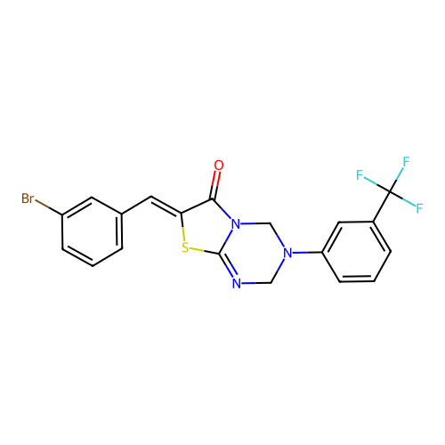 (7Z)-7-(3-bromobenzylidene)-3-[3-(trifluoromethyl)phenyl]-3,4-dihydro-2H-[1,3]thiazolo[3,2-a][1,3,5]triazin-6(7H)-one structure