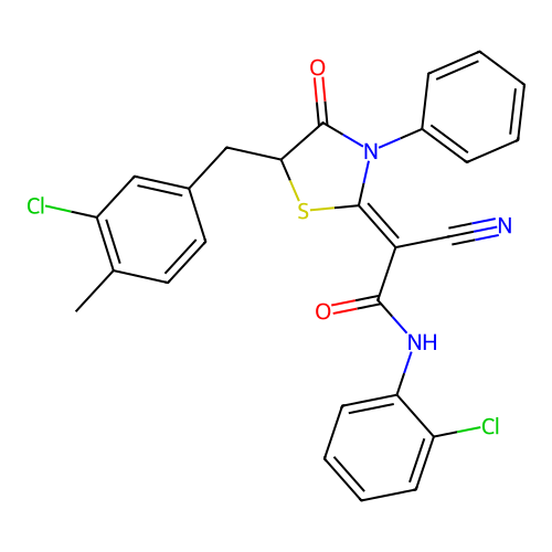 (2Z)-2-[5-(3-chloro-4-methylbenzyl)-4-oxo-3-phenyl-1,3-thiazolidin-2-ylidene]-N-(2-chlorophenyl)-2-cyanoethanamide structure
