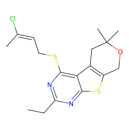 (E)-4-((3-chlorobut-2-en-1-yl)thio)-2-ethyl-6,6-dimethyl-6,8-dihydro-5H-pyrano[4',3':4,5]thieno[2,3-d]pyrimidine structure