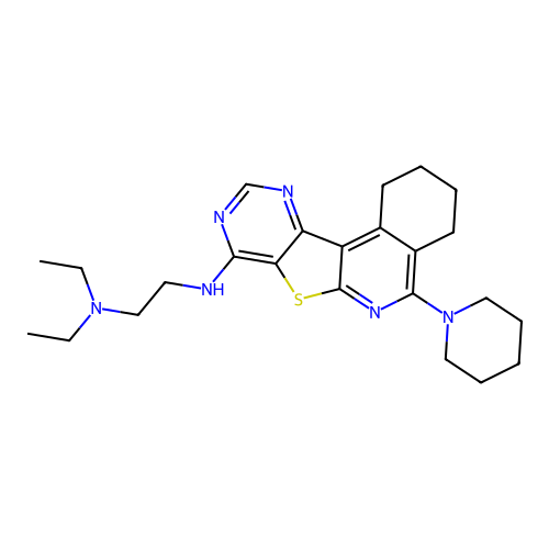 N,N-diethyl-N'-[5-(piperidin-1-yl)-1,2,3,4-tetrahydropyrimido[4',5':4,5]thieno[2,3-c]isoquinolin-8-yl]ethane-1,2-diamine structure