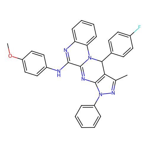 11-(4-fluorophenyl)-N-(4-methoxyphenyl)-10-methyl-8-phenyl-8,11-dihydropyrazolo[3',4':4,5]pyrimido[1,2-a]quinoxalin-6-amine structure