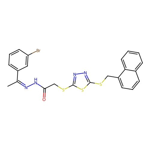 (Z)-N'-(1-(3-bromophenyl)ethylidene)-2-((5-((naphthalen-1-ylmethyl)thio)-1,3,4-thiadiazol-2-yl)thio)acetohydrazide structure