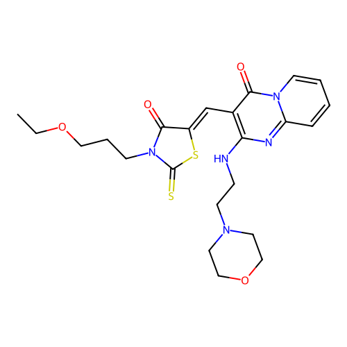 3-{(Z)-[3-(3-ethoxypropyl)-4-oxo-2-thioxo-1,3-thiazolidin-5-ylidene]methyl}-2-{[2-(morpholin-4-yl)ethyl]amino}-4H-pyrido[1,2-a]pyrimidin-4-one structure