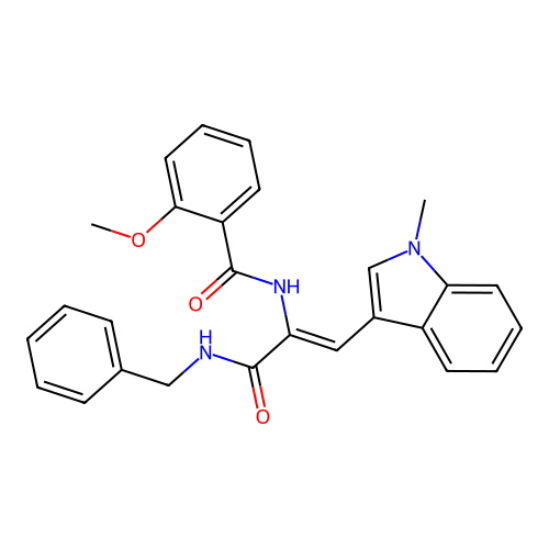 N-[1-(benzylcarbamoyl)-2-(1-methylindol-3-yl)ethenyl]-2-methoxy-benzamide structure