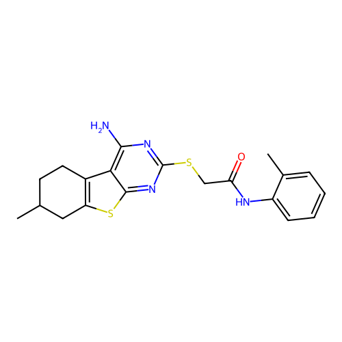 2-((4-amino-7-methyl-5,6,7,8-tetrahydrobenzo[4,5]thieno[2,3-d]pyrimidin-2-yl)thio)-N-(o-tolyl)acetamide structure