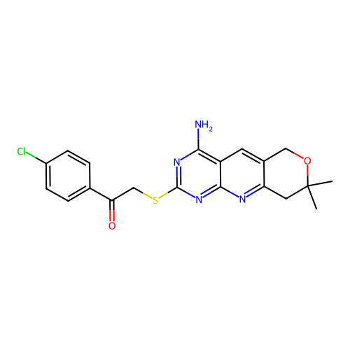 2-((4-amino-8,8-dimethyl-8,9-dihydro-6H-pyrano[3',4':5,6]pyrido[2,3-d]pyrimidin-2-yl)thio)-1-(4-chlorophenyl)ethanone structure
