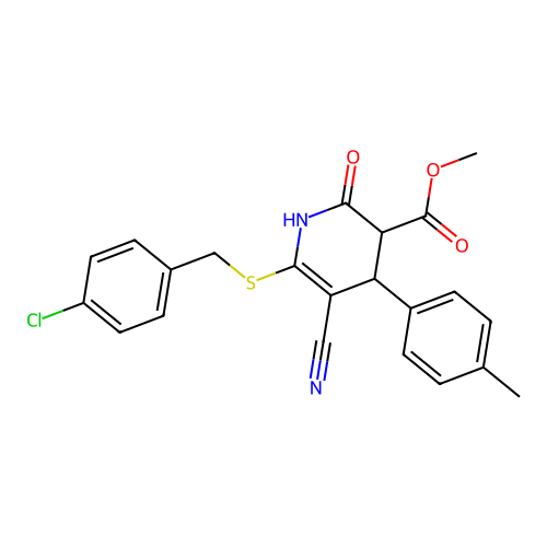 methyl 6-((4-chlorobenzyl)thio)-5-cyano-2-oxo-4-(p-tolyl)-1,2,3,4-tetrahydropyridine-3-carboxylate structure