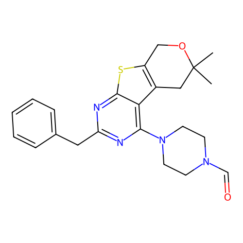 4-(2-benzyl-6,6-dimethyl-5,8-dihydro-6H-pyrano[4',3':4,5]thieno[2,3-d]pyrimidin-4-yl)piperazine-1-carbaldehyde structure
