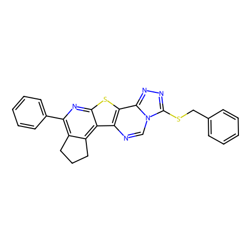 3-(benzylsulfanyl)-10-phenyl-8,9-dihydro-7H-cyclopenta[4',5']pyrido[3',2':4,5]thieno[2,3-e][1,2,4]triazolo[4,3-c]pyrimidine structure
