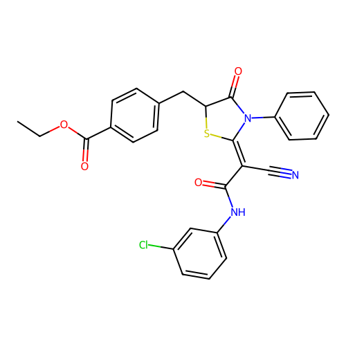 (Z)-ethyl 4-((2-(2-((3-chlorophenyl)amino)-1-cyano-2-oxoethylidene)-4-oxo-3-phenylthiazolidin-5-yl)methyl)benzoate structure