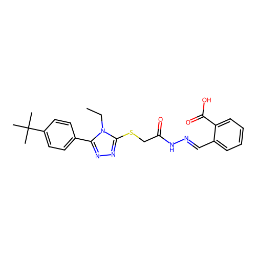 2-{(E)-[2-({[5-(4-tert-butylphenyl)-4-ethyl-4H-1,2,4-triazol-3-yl]sulfanyl}acetyl)hydrazinylidene]methyl}benzoic acid structure