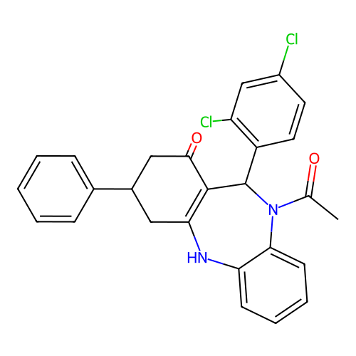 10-acetyl-11-(2,4-dichlorophenyl)-3-phenyl-2,3,4,5,10,11-hexahydro-1H-dibenzo[b,e][1,4]diazepin-1-one structure