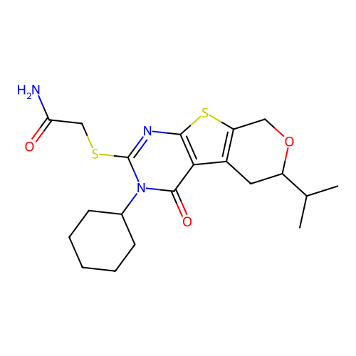 2-((3-cyclohexyl-6-isopropyl-4-oxo-4,5,6,8-tetrahydro-3H-pyrano[4',3':4,5]thieno[2,3-d]pyrimidin-2-yl)thio)acetamide structure