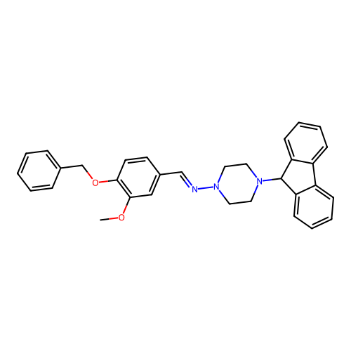 (E)-N-(4-(benzyloxy)-3-methoxybenzylidene)-4-(9H-fluoren-9-yl)piperazin-1-amine structure