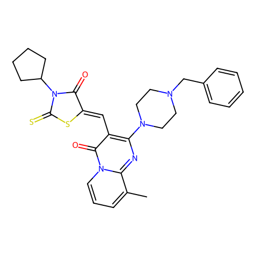 2-(4-benzylpiperazin-1-yl)-3-[(Z)-(3-cyclopentyl-4-oxo-2-thioxo-1,3-thiazolidin-5-ylidene)methyl]-9-methyl-4H-pyrido[1,2-a]pyrimidin-4-one structure