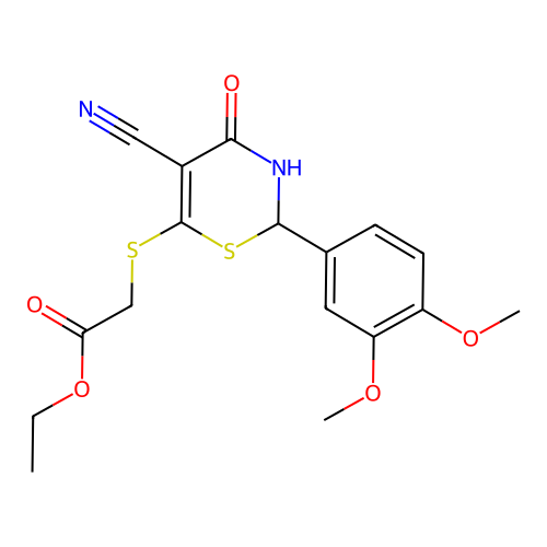 ethyl 2-[[5-cyano-2-(3,4-dimethoxyphenyl)-4-oxo-2,3-dihydro-1,3-thiazin-6-yl]sulfanyl]acetate structure